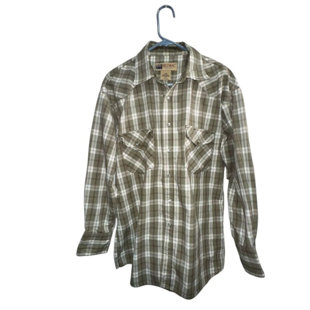 Vintage Big Mac Pearl Snap Brown Plaid Flannel Western Sz Large Outdoor Rodeo